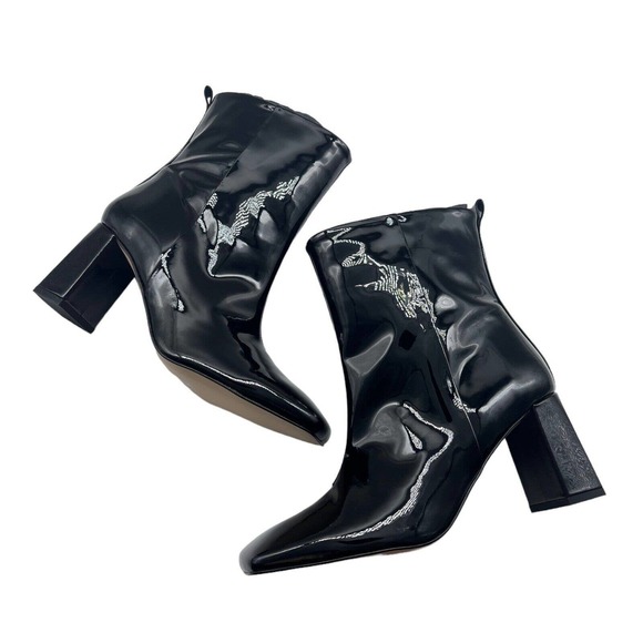 NWT Good American Black Patent Leather Shiny Block Heel Ankle Booties Size 7.5 - Picture 3 of 10
